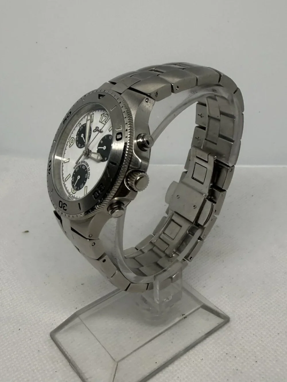 Belair A9915 Men Chronograph Diver Watch Swiss Quartz Stainless Steel White Dial